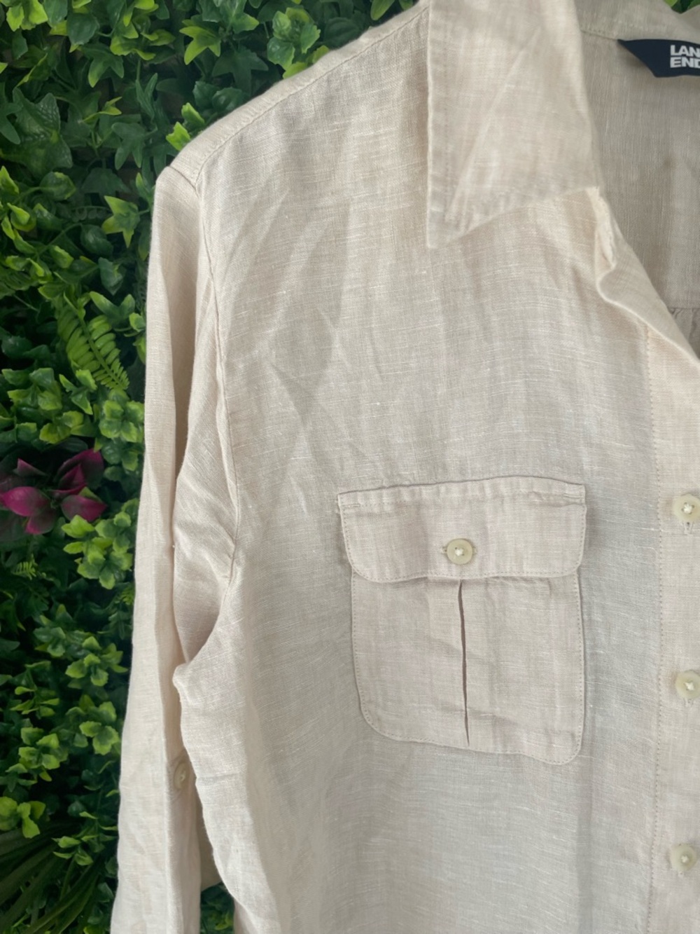 Lands’ End 100% Linen Button Front Shirt Beige Coastal Old Money Size Small - Picture 5 of 6